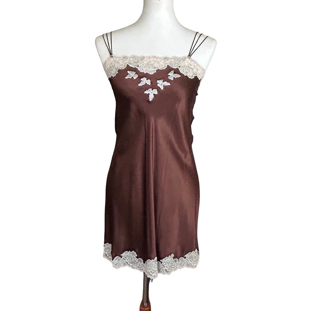 Vintage Silk Lace Trim Negligee Chemise Brown Powder Blue Small